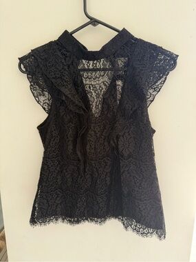H&M Black Floral Lace Cap-Sleeve Mock-Neck Top